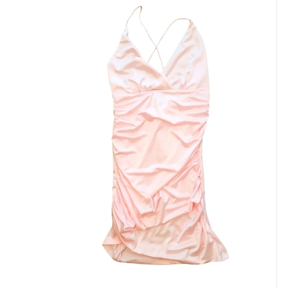 Lucy in the Sky Pink Satin Ruched Open Back Mini Dress Size M